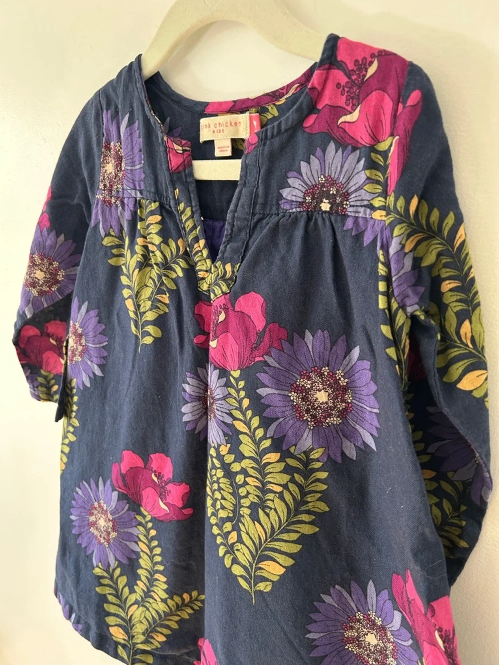 Pink Chicken Dress Girls 3Y Navy Floral Playful Long Sleeve Tunic